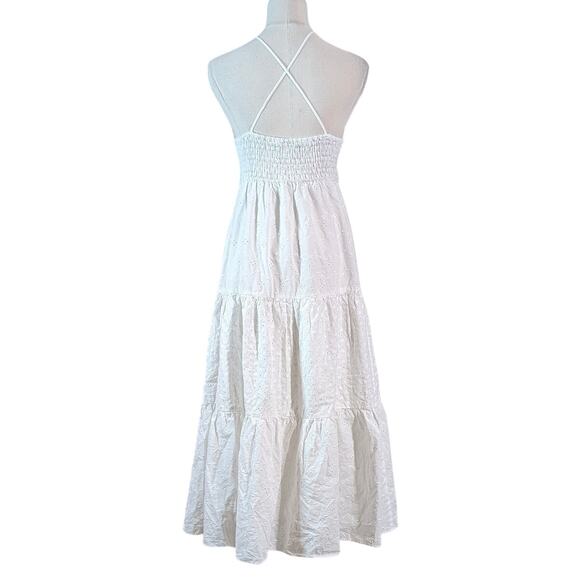 Zara Romantic White Eyelet Smocked Halter Maxi Dress Cottagecore Small - Picture 3 of 6